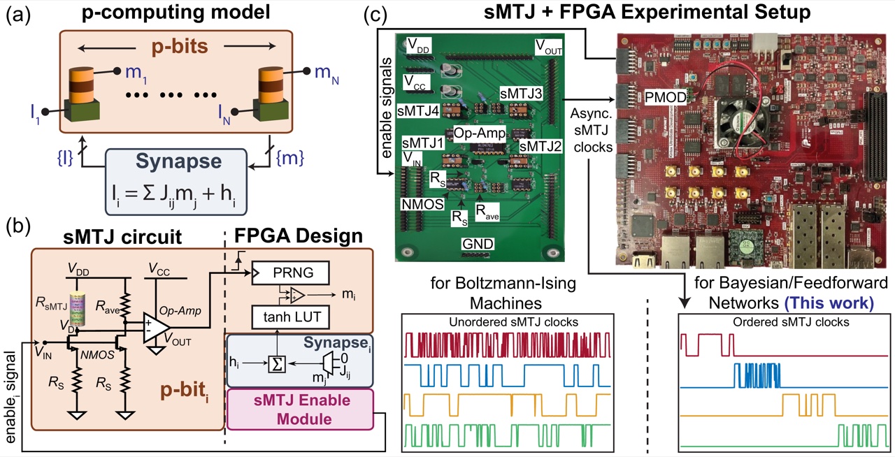 Figure from the paper: p-computing model, sMTJ circuit with FPGA design, and the sMTJ plus FPGA hardware setup, with unordered sMTJ clocks for Boltzmann-Ising machines and ordered clocks for Bayesian and feedforward networks.